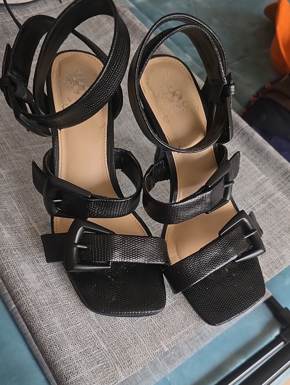 Vince Camuto Black Textured Strappy Buckle Heels